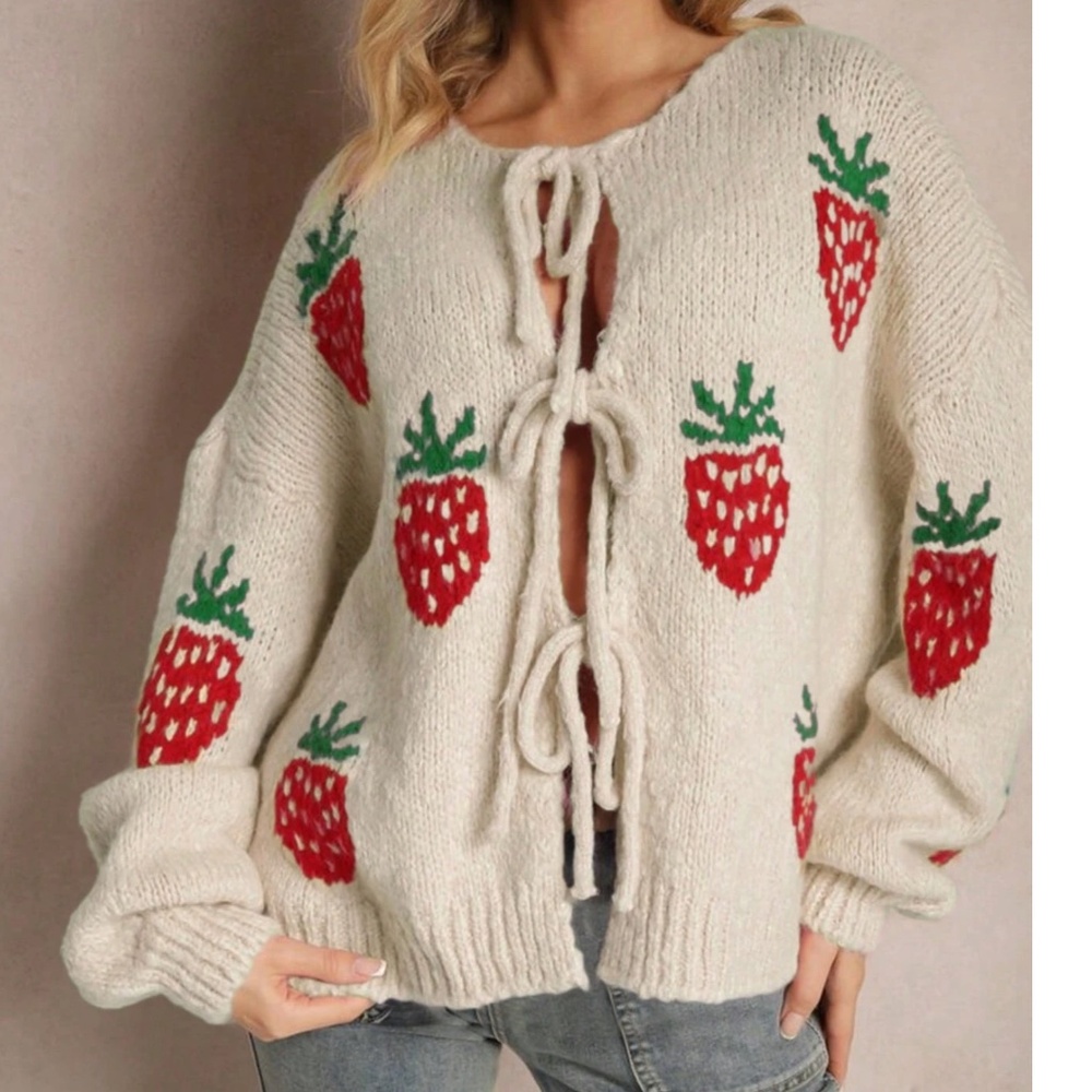 Cozy Strawberry Print Tie closure Reversible Cardigan Sweater